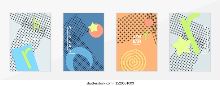 Abstract paper cut layout top view. Flyer templates with paper cut geometric shapes flat lay with 3d realistic shadow. Pastel colors. Vector cover set craft paper style.