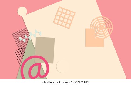 Abstract paper cut layout top view. Background template with paper cut geometric shapes flat lay with 3d realistic shadow. Pastel colors. Vector banner craft paper style.
