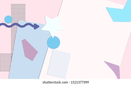 Abstract paper cut layout top view. Background template with paper cut geometric shapes flat lay with 3d realistic shadow. Pastel colors. Vector banner craft paper style.