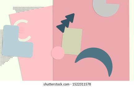 Abstract paper cut layout top view. Background template with paper cut geometric shapes flat lay with 3d realistic shadow. Pastel colors. Vector banner craft paper style.