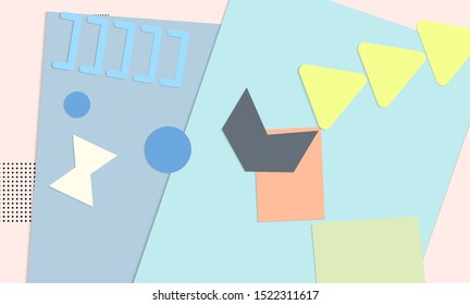 Abstract paper cut layout top view. Background template with paper cut geometric shapes flat lay with 3d realistic shadow. Pastel colors. Vector banner craft paper style.
