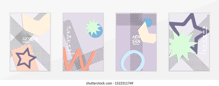 Abstract paper cut layout top view. Flyer templates with paper cut geometric shapes flat lay with 3d realistic shadow. Pastel colors. Vector cover set craft paper style.