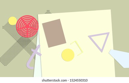Abstract paper cut layout top view. Background template with paper cut geometric shapes flat lay with 3d realistic shadow. Pastel colors. Vector banner craft paper style.