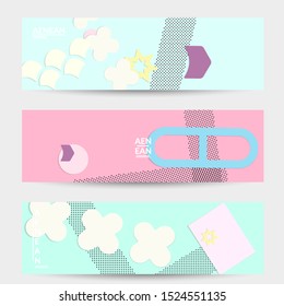 Abstract paper cut layout top view. Banner templates with paper cut geometric shapes flat lay with 3d realistic shadow. Pastel colors. Vector banner set craft paper style.