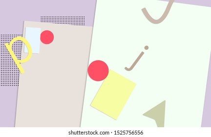Abstract paper cut layout top view. Background template with paper cut geometric shapes flat lay with 3d realistic shadow. Pastel colors. Vector banner craft paper style.