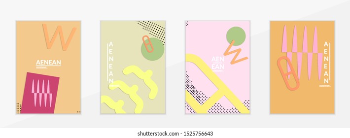 Abstract paper cut layout top view. Flyer templates with paper cut geometric shapes flat lay with 3d realistic shadow. Pastel colors. Vector cover set craft paper style.