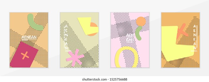 Abstract paper cut layout top view. Flyer templates with paper cut geometric shapes flat lay with 3d realistic shadow. Pastel colors. Vector cover set craft paper style.