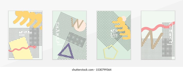Abstract paper cut layout top view. Flyer templates with paper cut geometric shapes flat lay with 3d realistic shadow. Pastel colors. Vector cover set craft paper style.