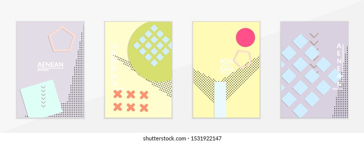Abstract paper cut layout top view. Flyer templates with paper cut geometric shapes flat lay with 3d realistic shadow. Pastel colors. Vector cover set craft paper style.