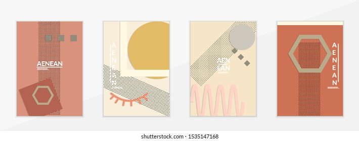 Abstract paper cut layout top view. Flyer templates with paper cut geometric shapes flat lay with 3d realistic shadow. Pastel colors. Vector cover set craft paper style.