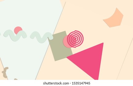 Abstract paper cut layout top view. Background template with paper cut geometric shapes flat lay with 3d realistic shadow. Pastel colors. Vector banner craft paper style.