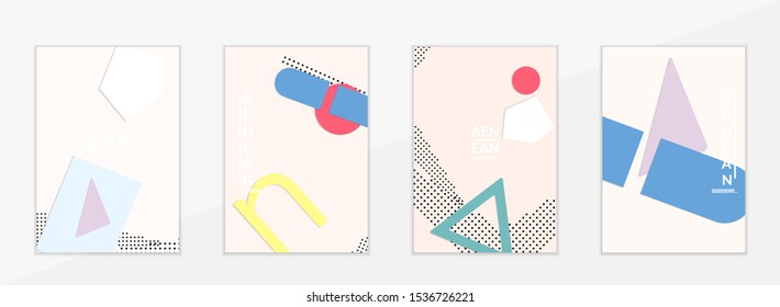 Abstract paper cut layout top view. Flyer templates with paper cut geometric shapes flat lay with 3d realistic shadow. Pastel colors. Vector cover set craft paper style.