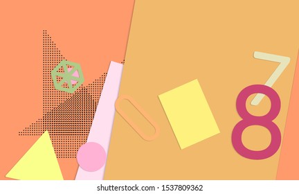 Abstract paper cut layout top view. Background template with paper cut geometric shapes flat lay with 3d realistic shadow. Pastel colors. Vector banner craft paper style.
