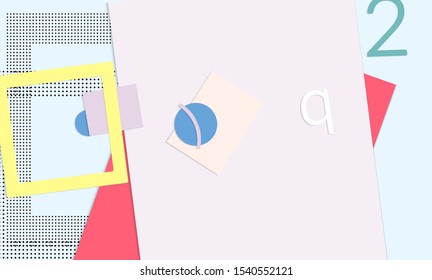 Abstract paper cut layout top view. Background template with paper cut geometric shapes flat lay with 3d realistic shadow. Pastel colors. Vector banner craft paper style.