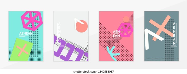 Abstract paper cut layout top view. Flyer templates with paper cut geometric shapes flat lay with 3d realistic shadow. Pastel colors. Vector cover set craft paper style.