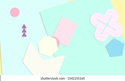 Abstract paper cut layout top view. Background template with paper cut geometric shapes flat lay with 3d realistic shadow. Pastel colors. Vector banner craft paper style.