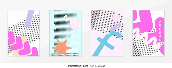 Abstract paper cut layout top view. Flyer templates with paper cut geometric shapes flat lay with 3d realistic shadow. Pastel colors. Vector cover set craft paper style.