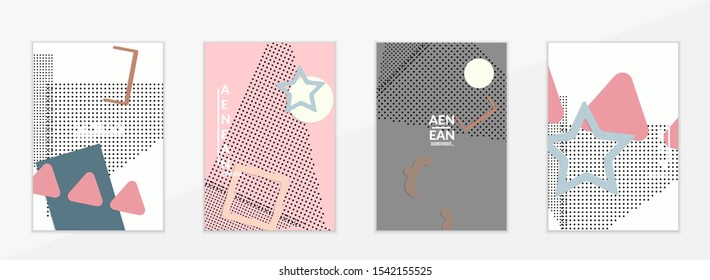 Abstract paper cut layout top view. Flyer templates with paper cut geometric shapes flat lay with 3d realistic shadow. Pastel colors. Vector cover set craft paper style.