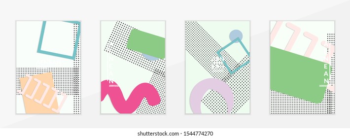 Abstract paper cut layout top view. Flyer templates with paper cut geometric shapes flat lay with 3d realistic shadow. Pastel colors. Vector cover set craft paper style.