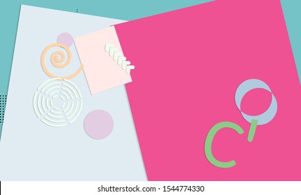 Abstract paper cut layout top view. Background template with paper cut geometric shapes flat lay with 3d realistic shadow. Pastel colors. Vector banner craft paper style.