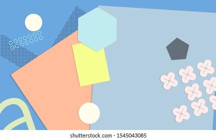 Abstract paper cut layout top view. Background template with paper cut geometric shapes flat lay with 3d realistic shadow. Pastel colors. Vector banner craft paper style.