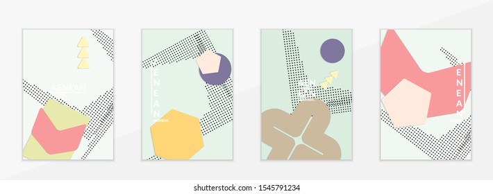 Abstract paper cut layout top view. Flyer templates with paper cut geometric shapes flat lay with 3d realistic shadow. Pastel colors. Vector cover set craft paper style.