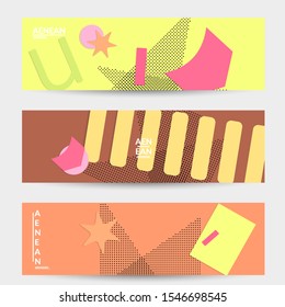 Abstract paper cut layout top view. Banner templates with paper cut geometric shapes flat lay with 3d realistic shadow. Pastel colors. Vector banner set craft paper style.