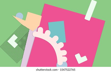 Abstract paper cut layout top view. Background template with paper cut geometric shapes flat lay with 3d realistic shadow. Pastel colors. Vector banner craft paper style.