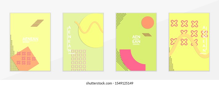 Abstract paper cut layout top view. Flyer templates with paper cut geometric shapes flat lay with 3d realistic shadow. Pastel colors. Vector cover set craft paper style.