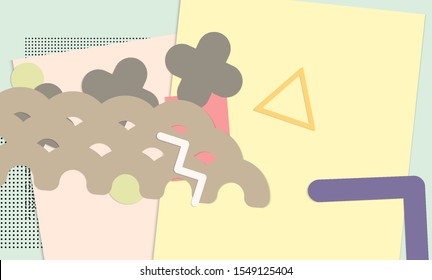 Abstract paper cut layout top view. Background template with paper cut geometric shapes flat lay with 3d realistic shadow. Pastel colors. Vector banner craft paper style.
