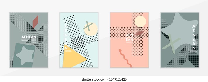 Abstract paper cut layout top view. Flyer templates with paper cut geometric shapes flat lay with 3d realistic shadow. Pastel colors. Vector cover set craft paper style.