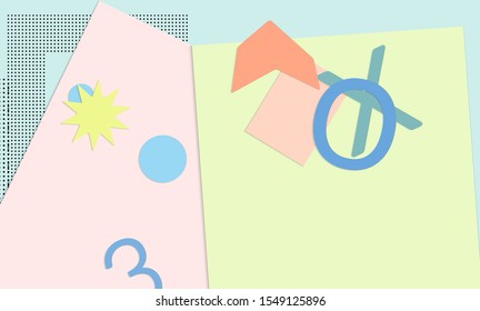 Abstract paper cut layout top view. Background template with paper cut geometric shapes flat lay with 3d realistic shadow. Pastel colors. Vector banner craft paper style.
