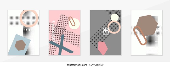 Abstract paper cut layout top view. Flyer templates with paper cut geometric shapes flat lay with 3d realistic shadow. Pastel colors. Vector cover set craft paper style.
