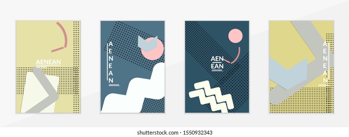 Abstract paper cut layout top view. Flyer templates with paper cut geometric shapes flat lay with 3d realistic shadow. Pastel colors. Vector cover set craft paper style.