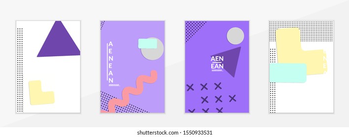 Abstract paper cut layout top view. Flyer templates with paper cut geometric shapes flat lay with 3d realistic shadow. Pastel colors. Vector cover set craft paper style.