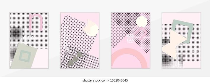Abstract paper cut layout top view. Flyer templates with paper cut geometric shapes flat lay with 3d realistic shadow. Pastel colors. Vector cover set craft paper style.