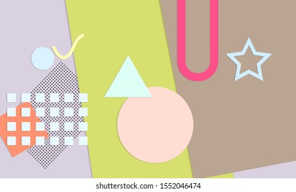 Abstract paper cut layout top view. Background template with paper cut geometric shapes flat lay with 3d realistic shadow. Pastel colors. Vector banner craft paper style.