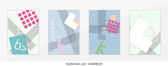 Abstract paper cut layout top view. Flyer templates with paper cut geometric shapes flat lay with 3d realistic shadow. Pastel colors. Vector cover set craft paper style.