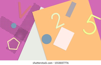Abstract paper cut layout top view. Background template with paper cut geometric shapes flat lay with 3d realistic shadow. Pastel colors. Vector banner craft paper style.