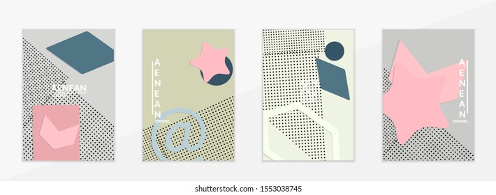 Abstract paper cut layout top view. Flyer templates with paper cut geometric shapes flat lay with 3d realistic shadow. Pastel colors. Vector cover set craft paper style.