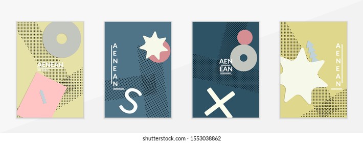 Abstract paper cut layout top view. Flyer templates with paper cut geometric shapes flat lay with 3d realistic shadow. Pastel colors. Vector cover set craft paper style.