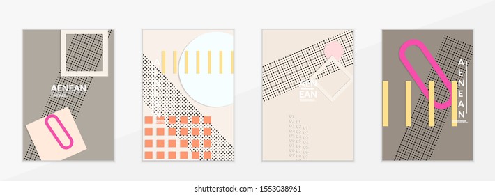 Abstract paper cut layout top view. Flyer templates with paper cut geometric shapes flat lay with 3d realistic shadow. Pastel colors. Vector cover set craft paper style.