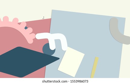 Abstract paper cut layout top view. Background template with paper cut geometric shapes flat lay with 3d realistic shadow. Pastel colors. Vector banner craft paper style.