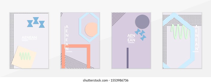 Abstract paper cut layout top view. Flyer templates with paper cut geometric shapes flat lay with 3d realistic shadow. Pastel colors. Vector cover set craft paper style.