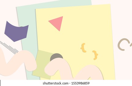Abstract paper cut layout top view. Background template with paper cut geometric shapes flat lay with 3d realistic shadow. Pastel colors. Vector banner craft paper style.