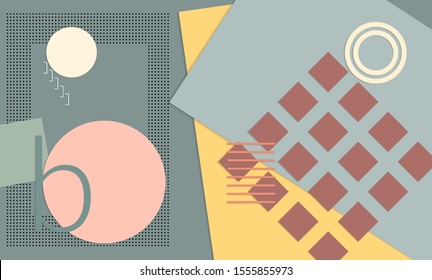 Abstract paper cut layout top view. Background template with paper cut geometric shapes flat lay with 3d realistic shadow. Pastel colors. Vector banner craft paper style.