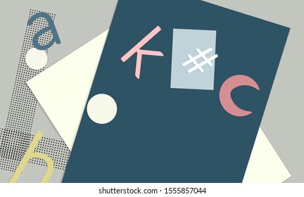 Abstract paper cut layout top view. Background template with paper cut geometric shapes flat lay with 3d realistic shadow. Pastel colors. Vector banner craft paper style.