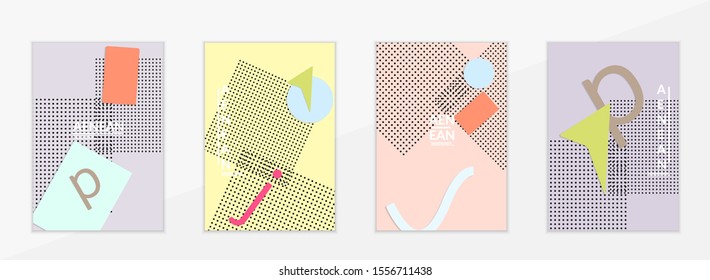 Abstract paper cut layout top view. Flyer templates with paper cut geometric shapes flat lay with 3d realistic shadow. Pastel colors. Vector cover set craft paper style.