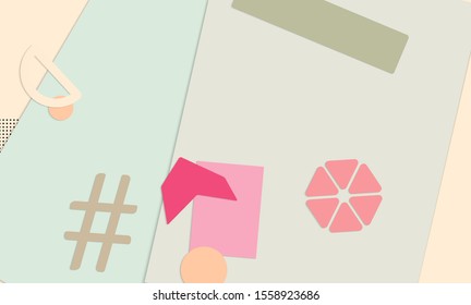 Abstract paper cut layout top view. Background template with paper cut geometric shapes flat lay with 3d realistic shadow. Pastel colors. Vector banner craft paper style.