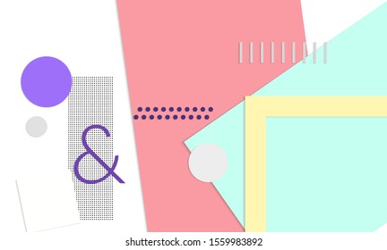 Abstract paper cut layout top view. Background template with paper cut geometric shapes flat lay with 3d realistic shadow. Pastel colors. Vector banner craft paper style.